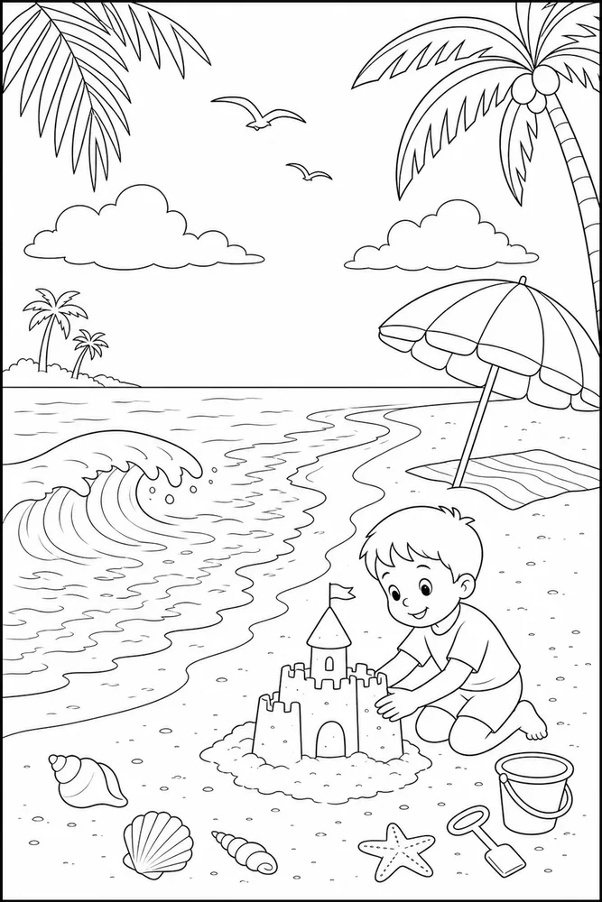Summer Beach Summer beach wave shoreline coloring page