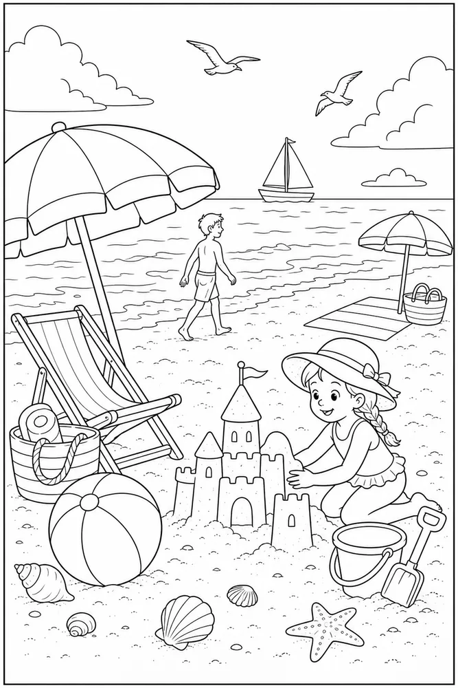 Summer Beach Summer beach wide beach view coloring page