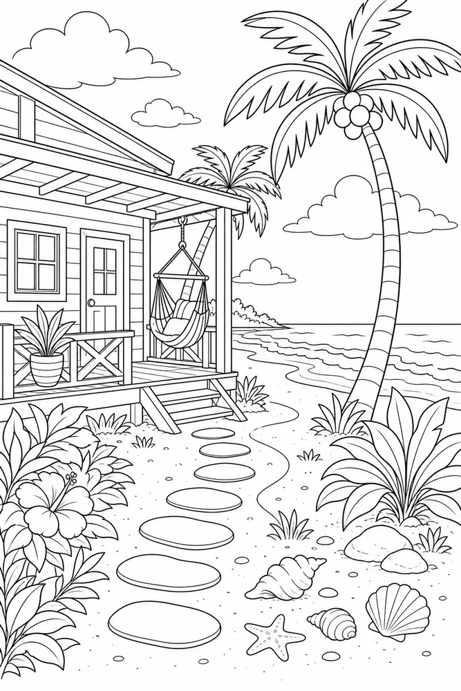 Tropical Beach Tropical beach beach house porch coloring page