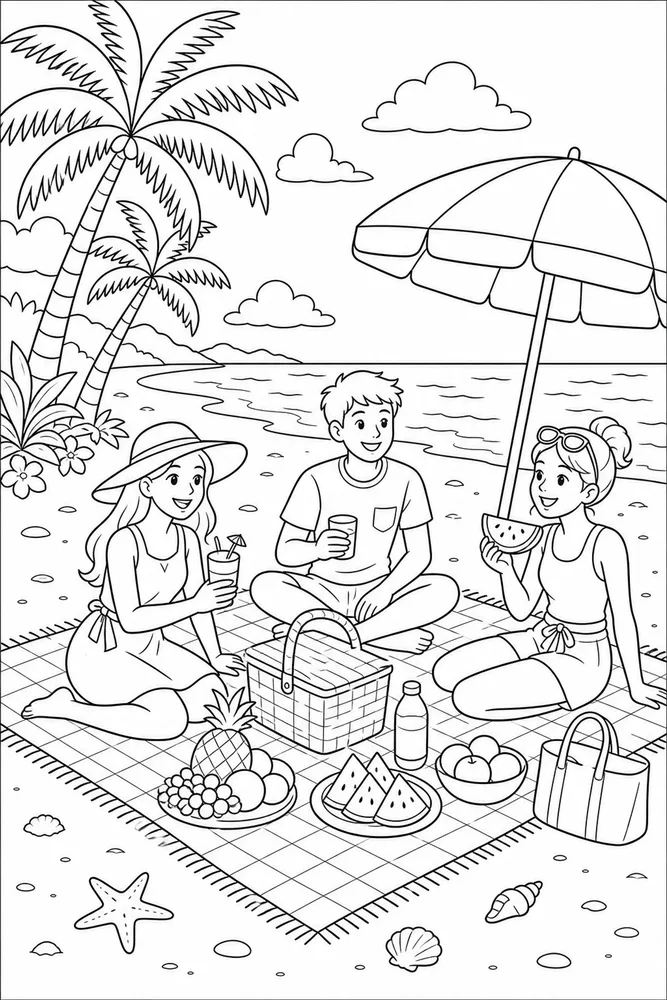 Tropical Beach Tropical beach beach picnic coloring page