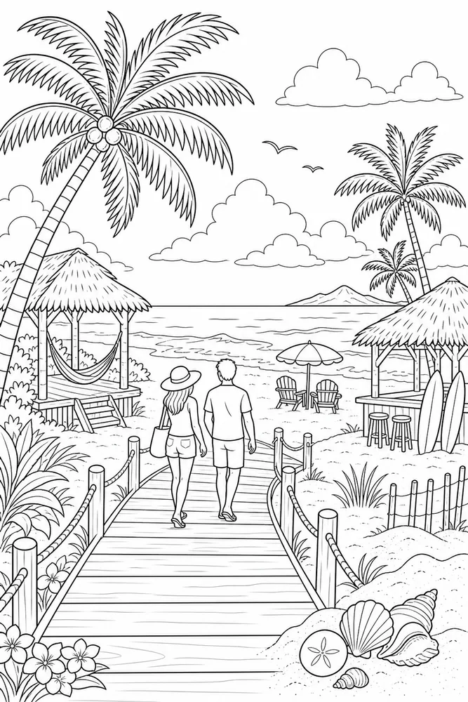 Tropical Beach Tropical beach boardwalk scene coloring page