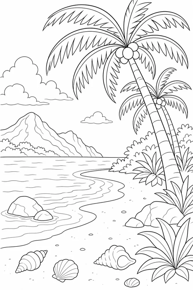 Tropical Beach Tropical beach palm tree cove coloring page