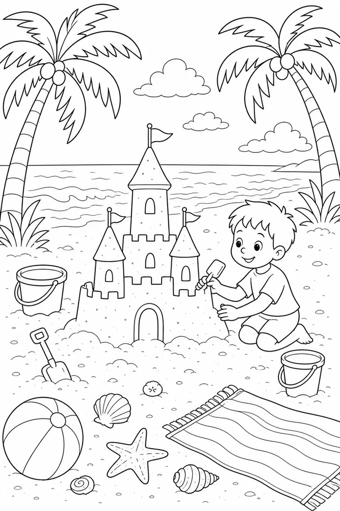 Tropical Beach Tropical beach sandcastle area coloring page
