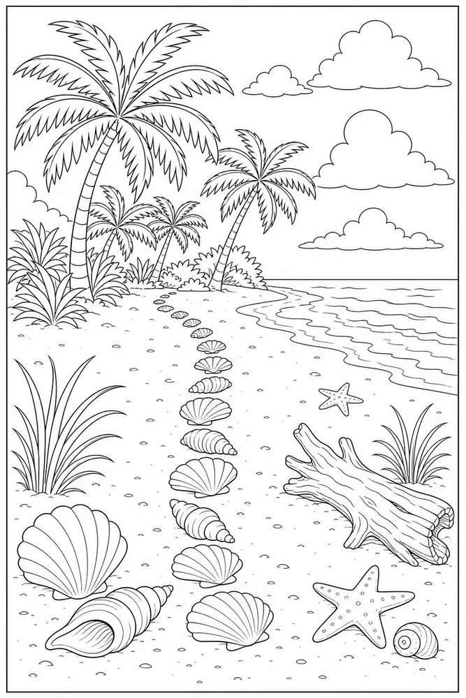Tropical Beach Tropical beach shell path coloring page