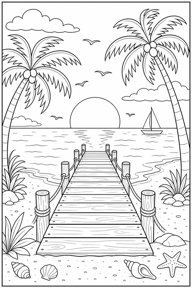 Tropical Beach Tropical beach sunset pier coloring page
