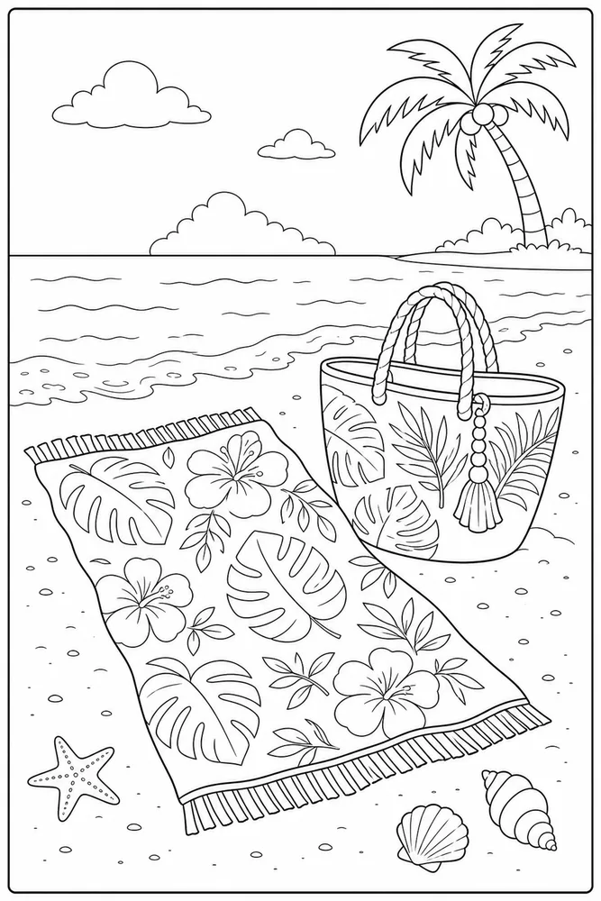 Tropical Beach Tropical beach towel and bag coloring page