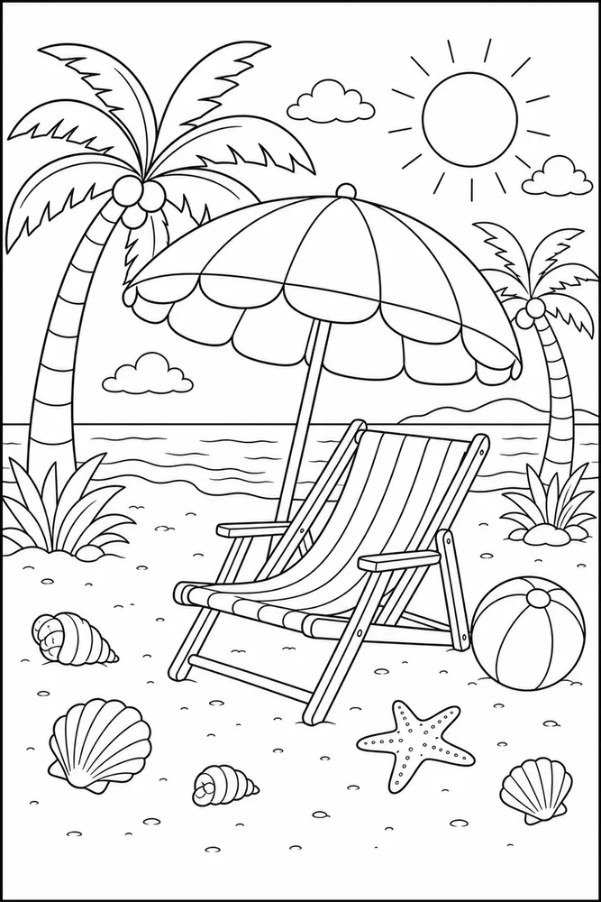 Tropical Beach Tropical beach umbrella and chair coloring page