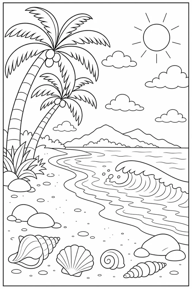 Tropical Beach Tropical beach wave shoreline coloring page