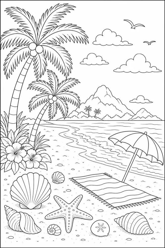 Tropical Beach Coloring Pages preview: Tropical Beach Tropical beach wide beach view coloring page