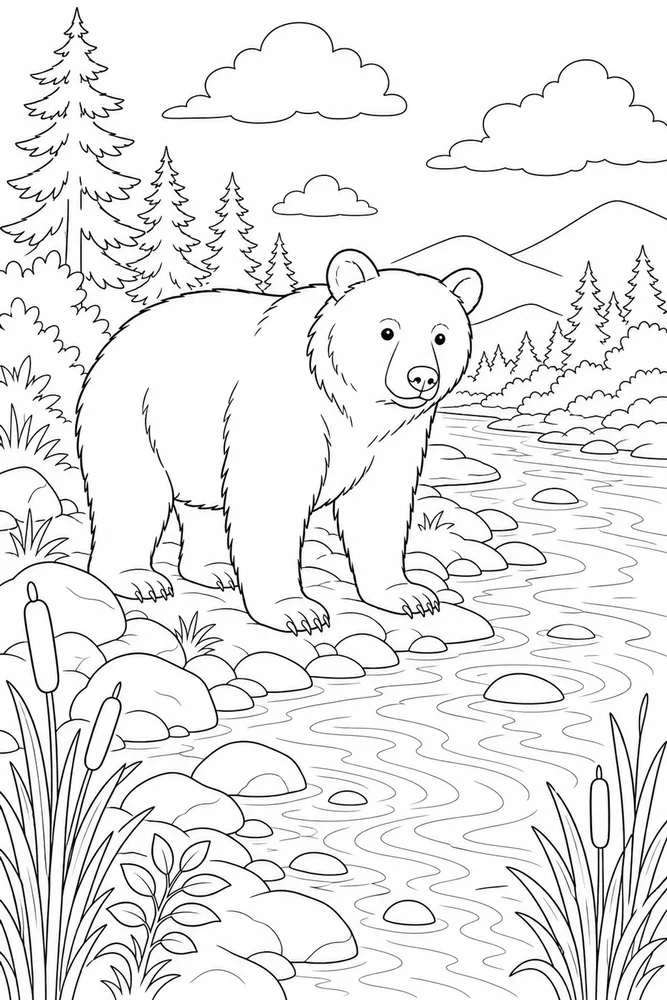 Black Bear Black bear riverbank scene coloring page