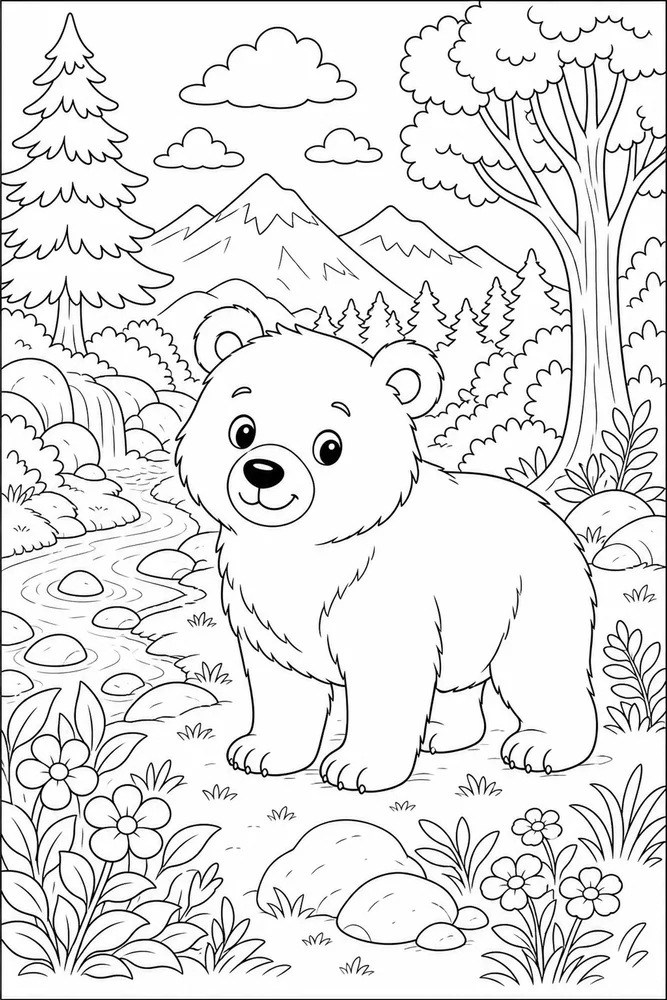 Cute Bear Cute bear habitat background coloring page