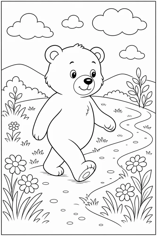 Cute Bear Cute bear meadow walk coloring page