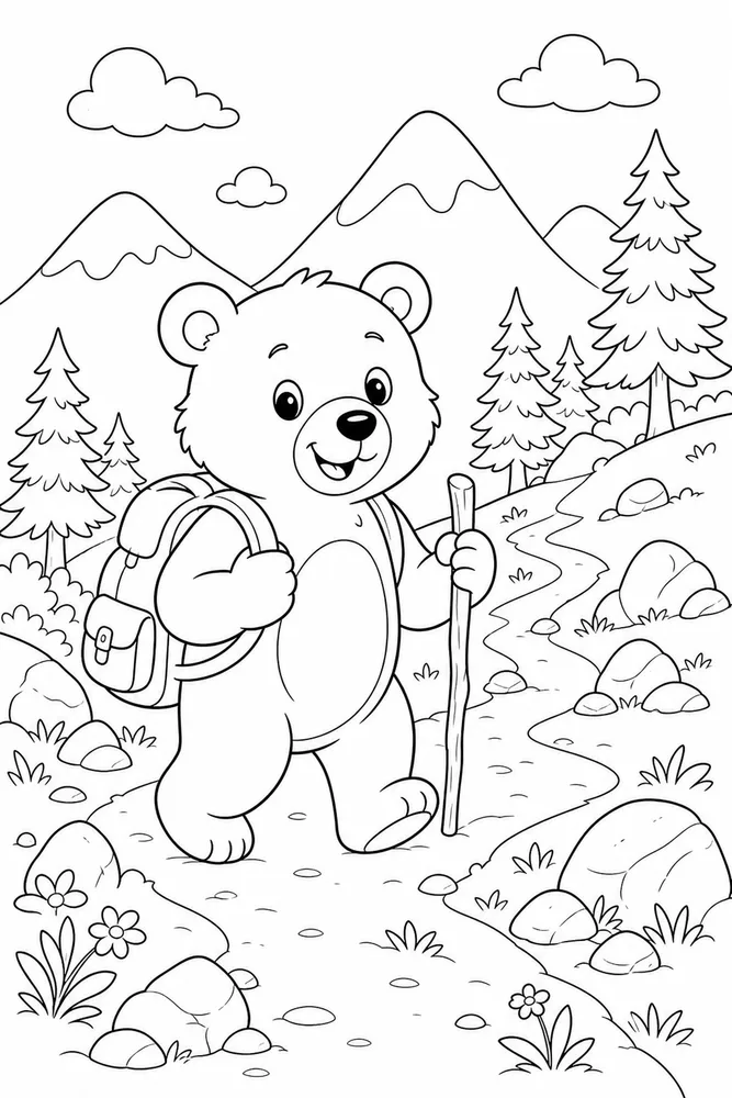 Cute Bear Cute bear mountain trail coloring page