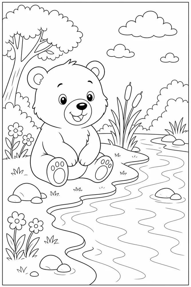 Cute Bear Coloring Pages preview: Cute Bear Cute bear riverbank scene coloring page