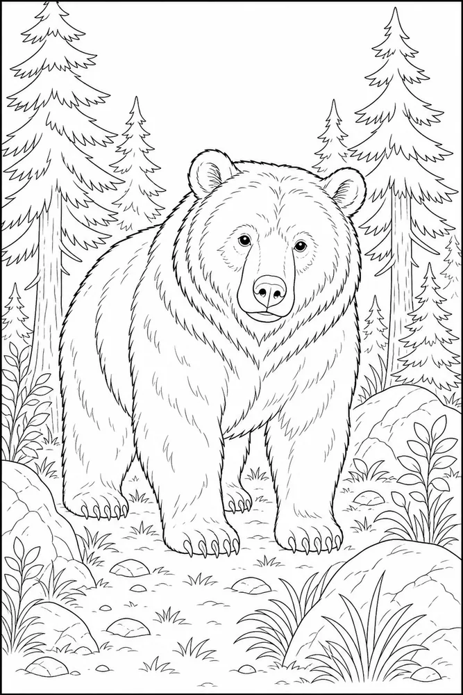 Grizzly Bear Coloring Pages preview: Grizzly Bear Grizzly bear forest portrait coloring page
