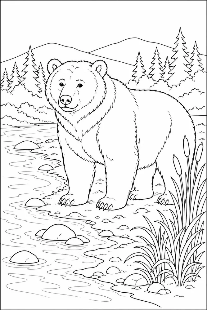 Grizzly Bear Grizzly bear riverbank scene coloring page