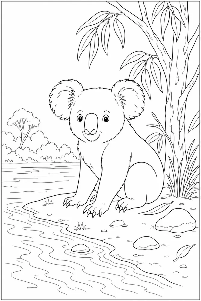 Koala Bear Koala bear riverbank scene coloring page