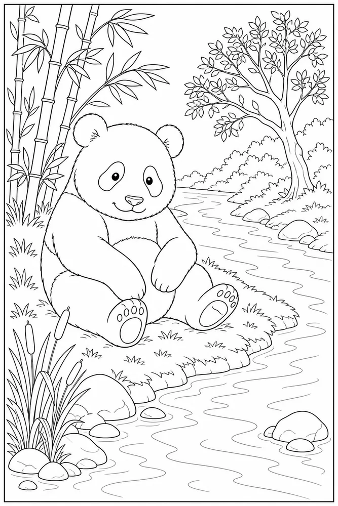 Panda Bear Panda bear riverbank scene coloring page