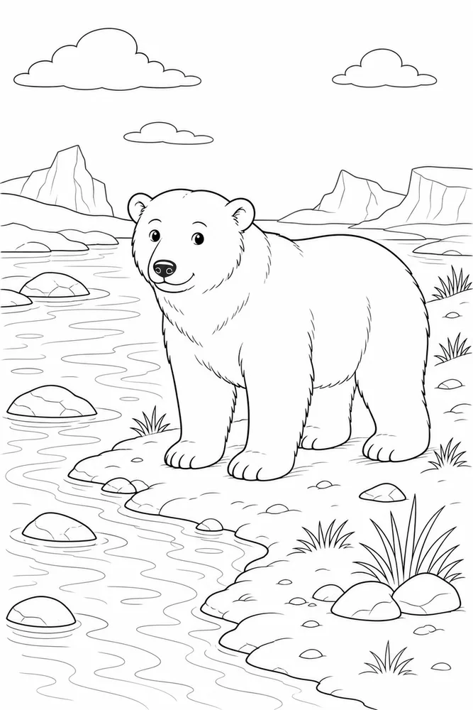 Polar Bear Polar bear riverbank scene coloring page