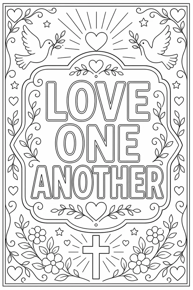 Bible Scripture Coloring Pages preview: Bible Scripture Love one another text frame coloring page