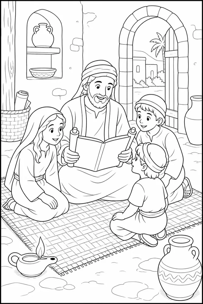 Bible Story Bible story family reading coloring page