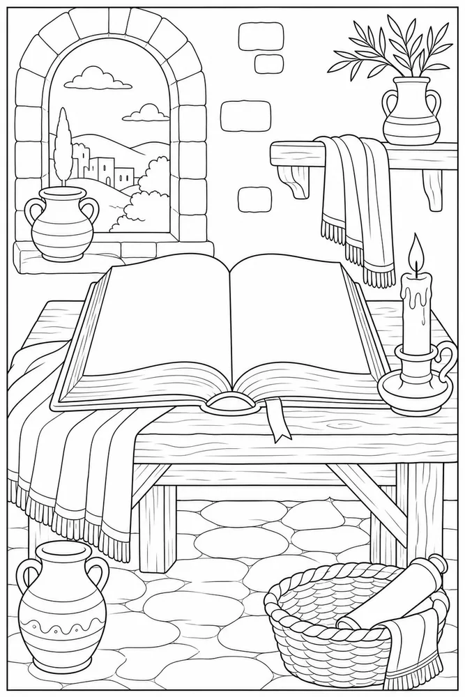 Bible Story Coloring Pages preview: Bible Story Bible story open book table coloring page