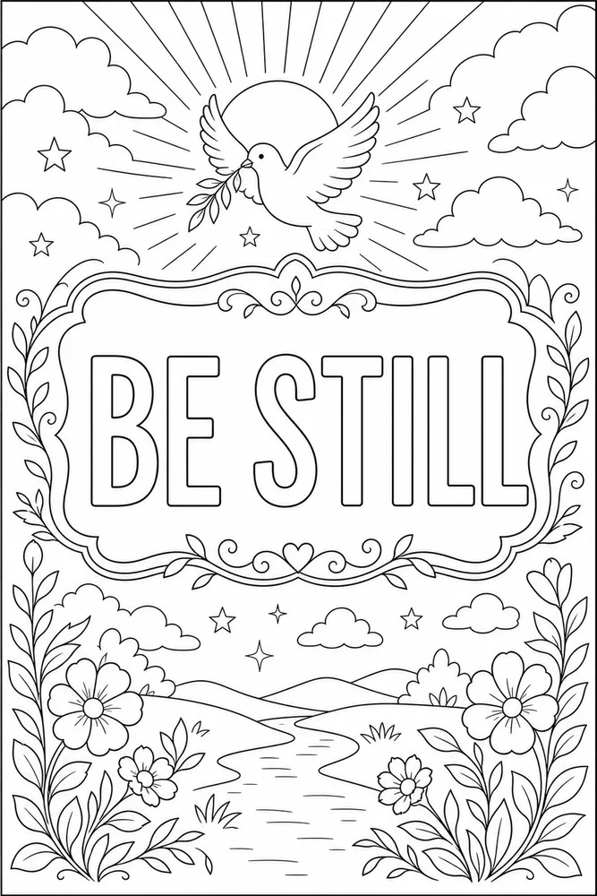 Bible Verse Be still text frame coloring page