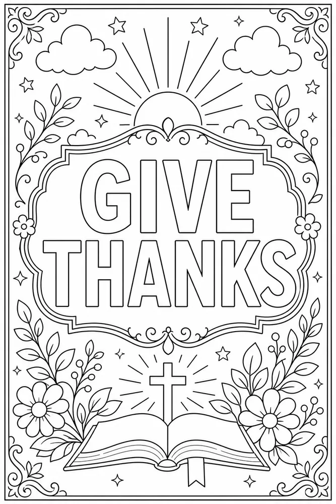 Bible Verse Give thanks text frame coloring page