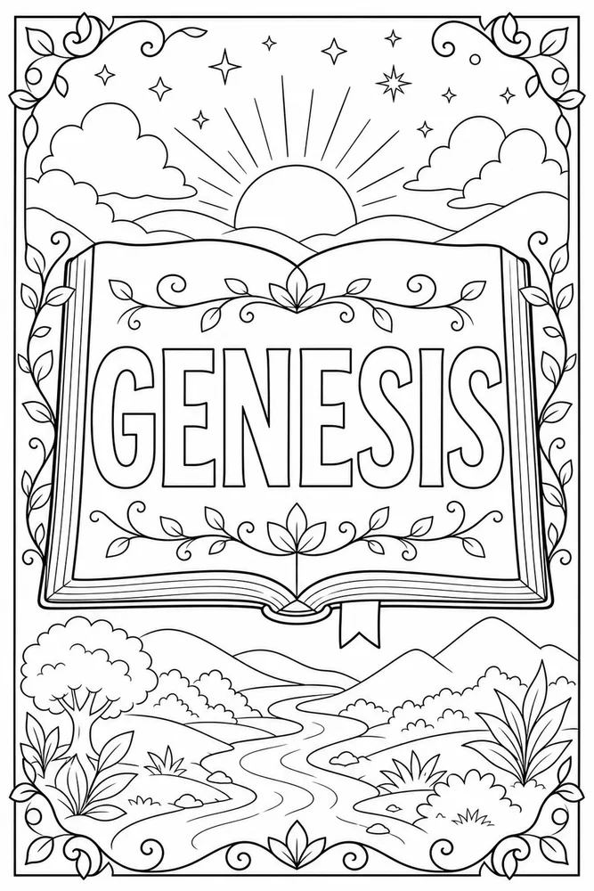 Books of the Bible Coloring Pages preview: Books of the Bible Genesis book frame coloring page