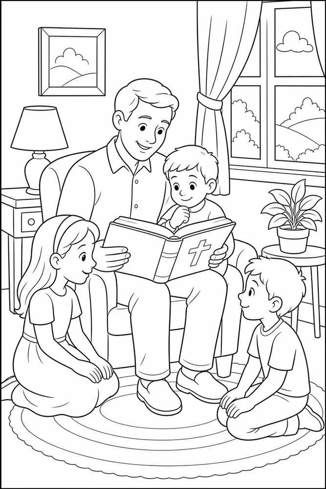 Children Bible Children bible family reading coloring page