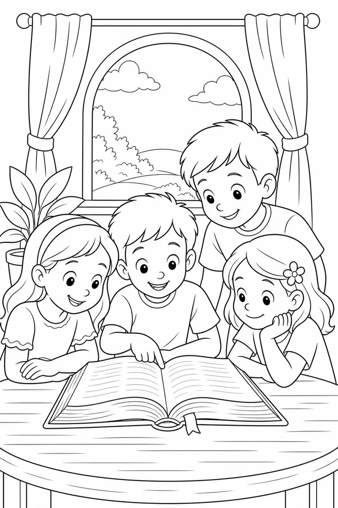 Children Bible Coloring Pages preview: Children Bible Children bible open book table coloring page