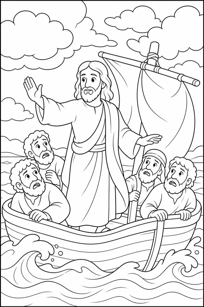 Simple Bible Jesus Calms Storm printable coloring page