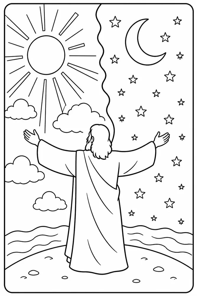 Simple Bible Creation Day One Light and Dark printable coloring page