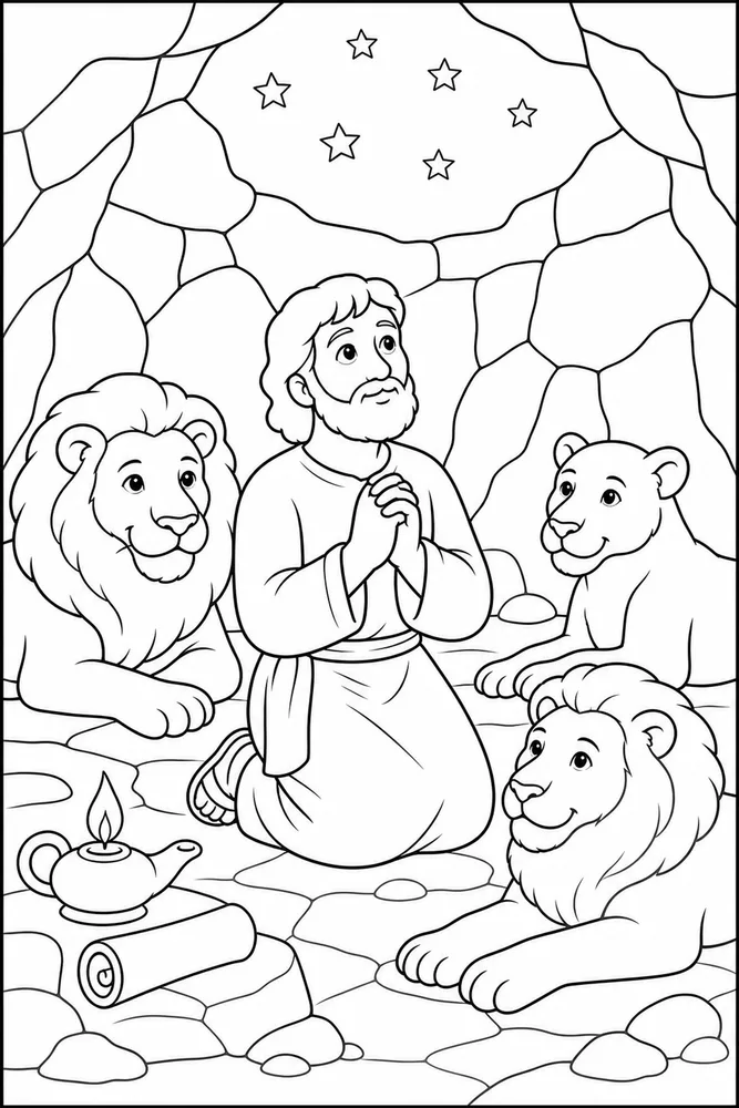 Simple Bible Daniel Lions Den printable coloring page
