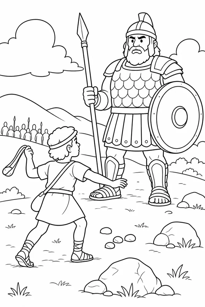 Simple Bible David and Goliath printable coloring page