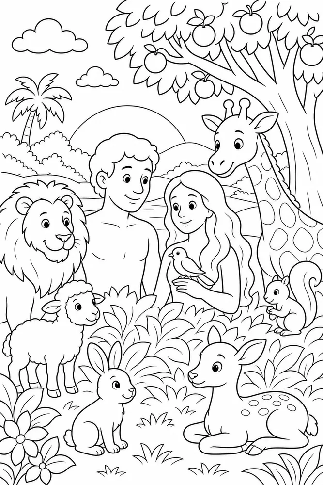 Simple Bible Garden of Eden Animals printable coloring page