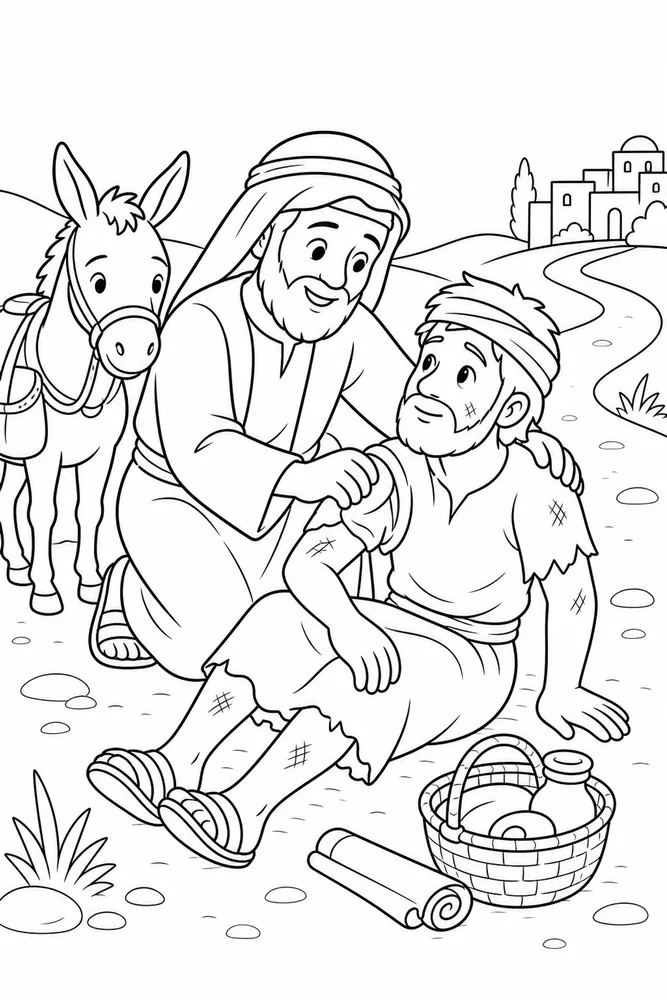 Simple Bible Good Samaritan printable coloring page