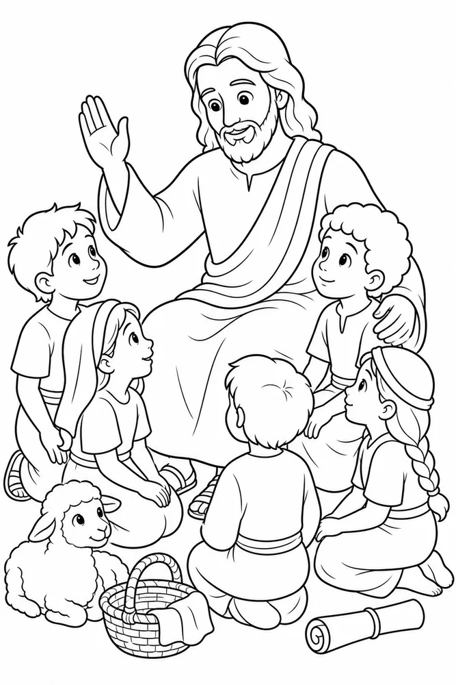 Simple Bible Jesus Blesses Children printable coloring page