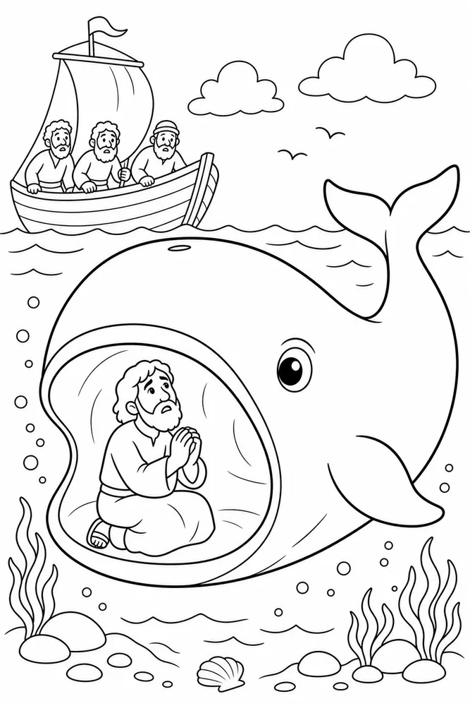 Simple Bible Jonah Whale printable coloring page