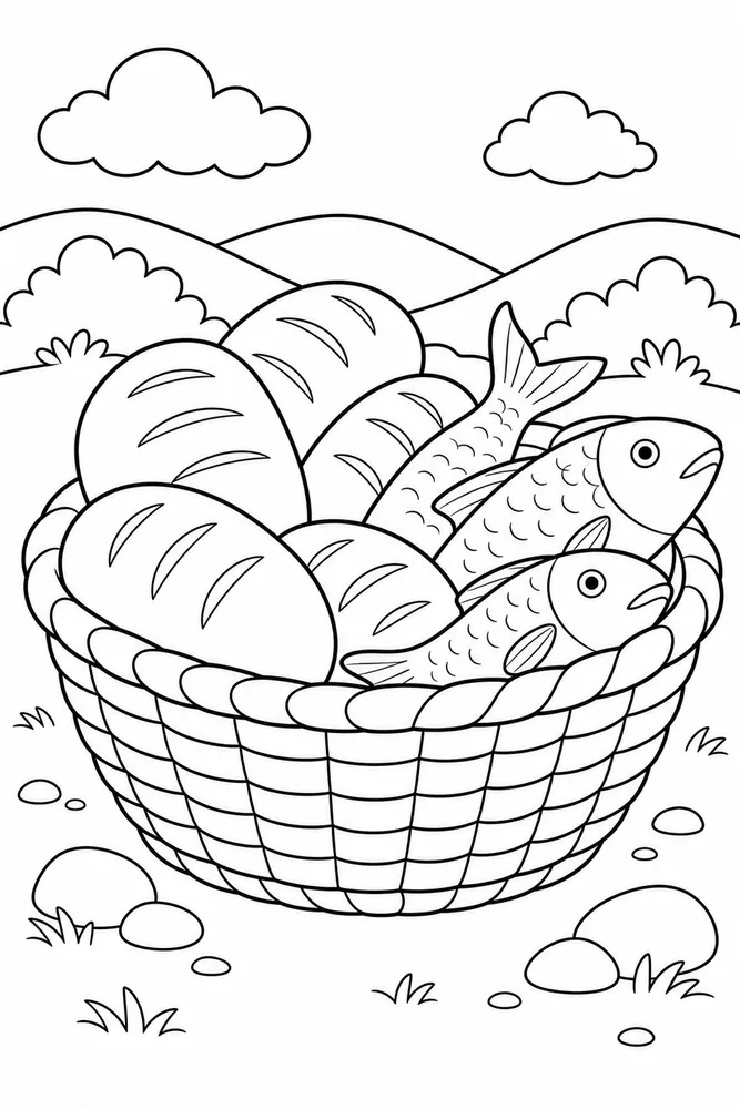 Simple Bible Loaves and Fishes printable coloring page