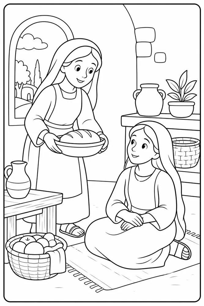 Simple Bible Mary and Martha printable coloring page