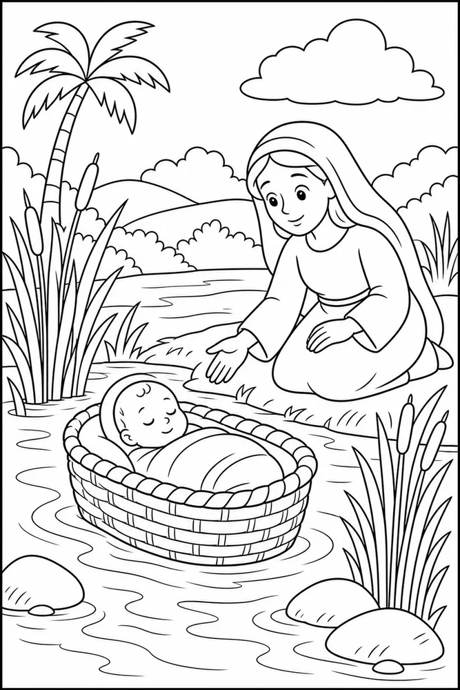 Simple Bible Baby Moses Basket River printable coloring page