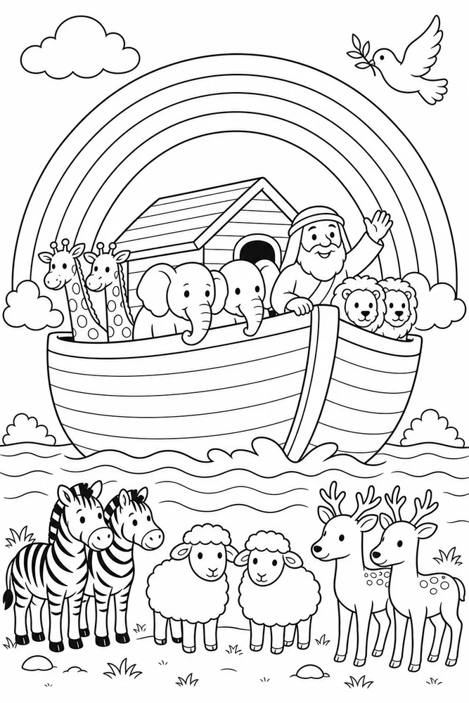Simple Bible Noah Ark Rainbow printable coloring page