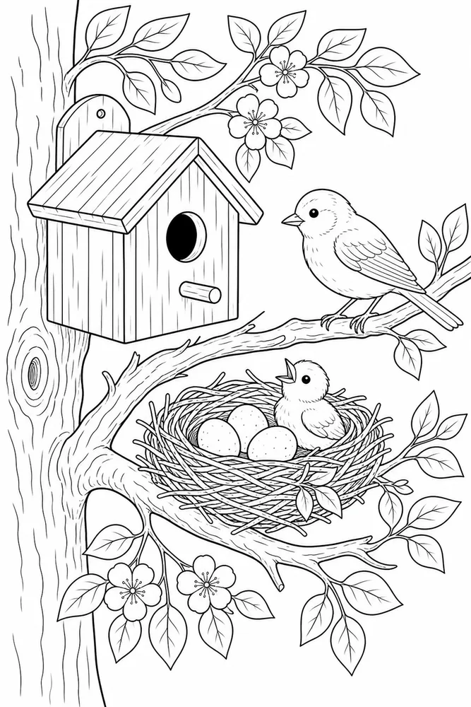 Bird Nest Bird nest birdhouse scene coloring page