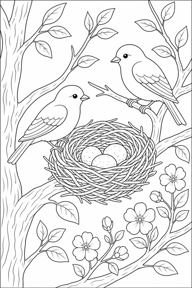 Bird Nest Coloring Pages preview: Bird Nest Bird nest branch portrait coloring page