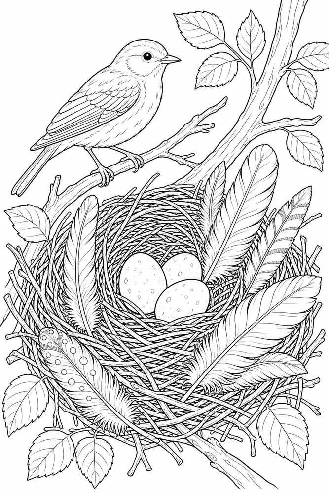 Bird Nest Bird nest feather detail coloring page