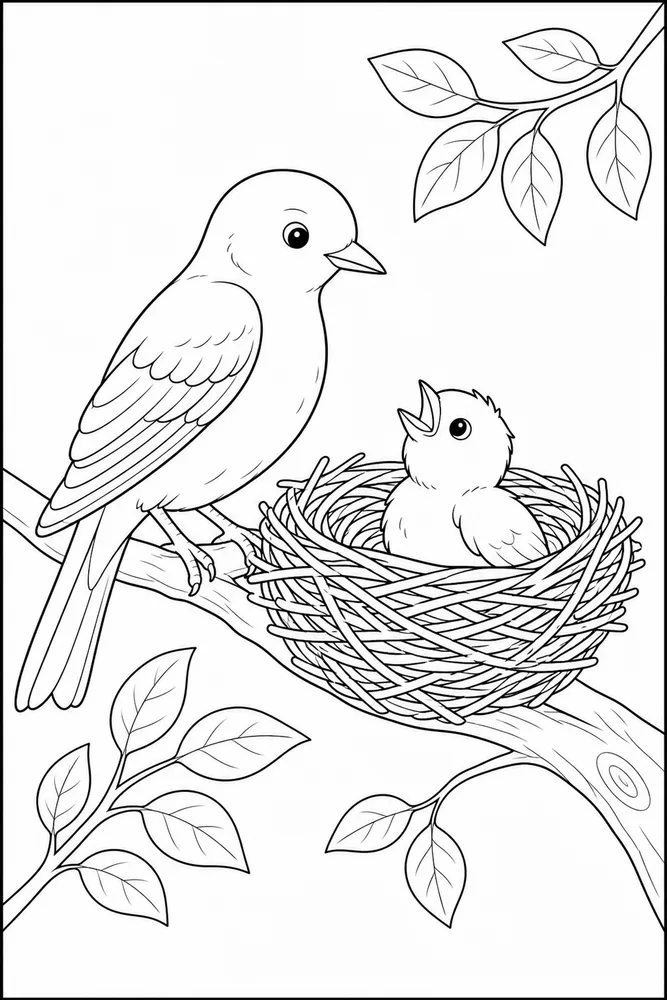 Bird Nest Bird nest parent and chick coloring page