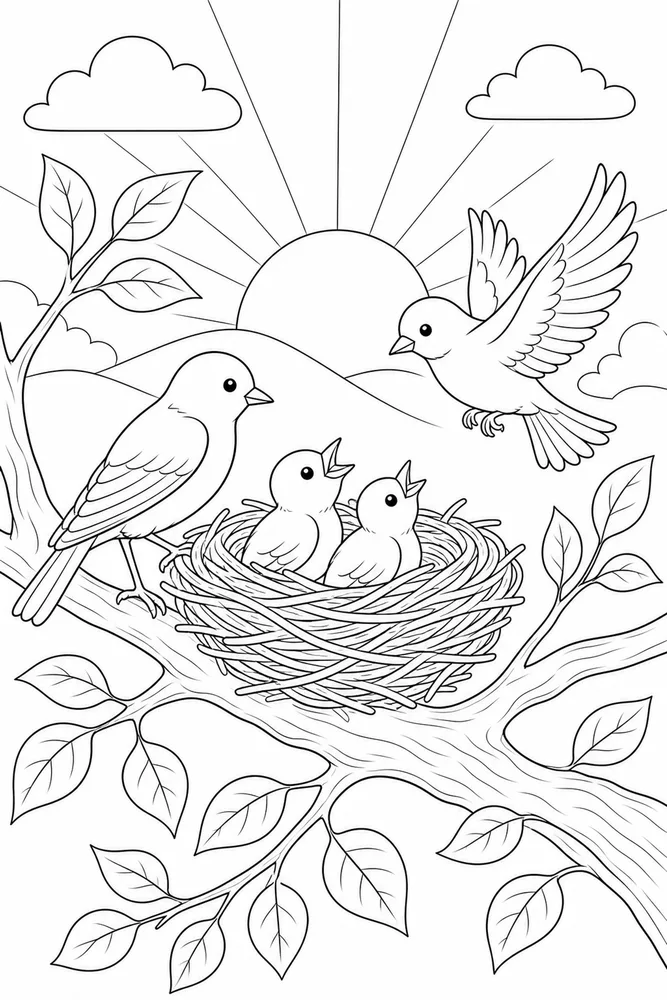 Bird Nest Bird nest sunrise branch coloring page