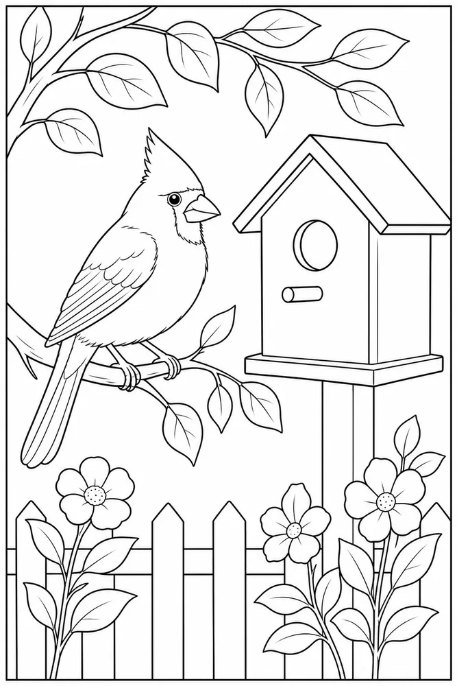 Cardinal Bird Cardinal bird birdhouse scene coloring page