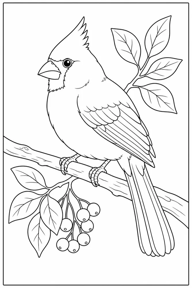 Cardinal Bird Coloring Pages preview: Cardinal Bird Cardinal bird branch portrait coloring page